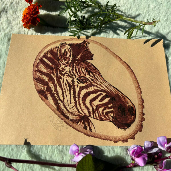 woodburning print of zebra on kraft paper