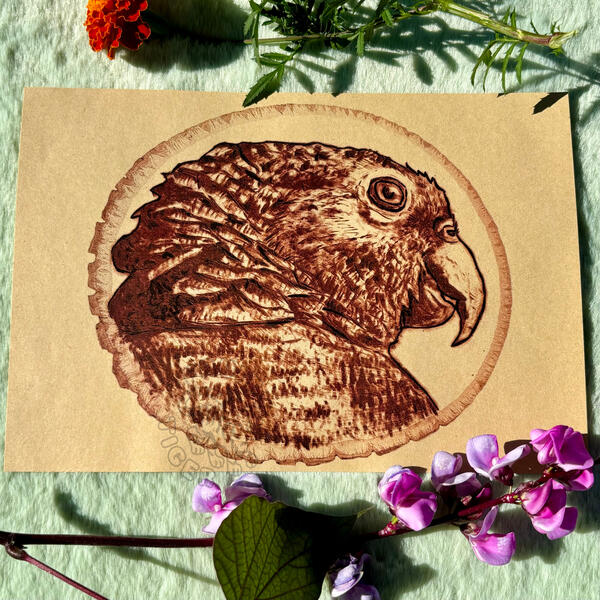 woodburning print of parrot on kraft paper